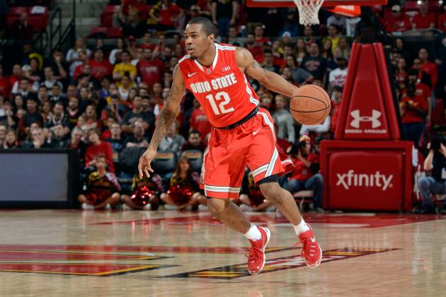 COLLEGE PARK, MD - JANUARY 16:  A.J. Harris #12 of the Ohio State Buckeyes handles the ball against the Maryland Terrapins at Xfinity Center on January 16, 2016 in College Park, Maryland.  (Photo by G Fiume/Maryland Terrapins/Getty Images)