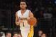 March 27, 2016; Los Angeles, CA, USA; Los Angeles Lakers guard D'Angelo Russell (1) moves the ball up court against Washington Wizards during the second half at Staples Center. Mandatory Credit: Gary A. Vasquez-USA TODAY Sports