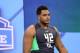 Notre Dame offensive lineman Ronnie Stanley during a drill at the NFL football scouting combine Friday, Feb. 26, 2016, in Indianapolis. (AP Photo/Gregory Payan)
