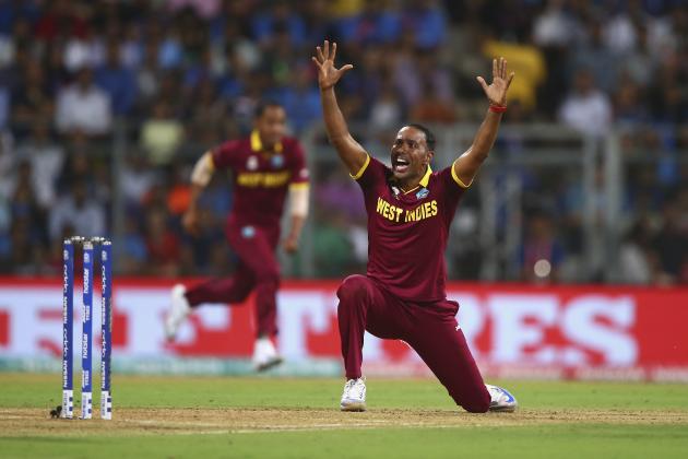 MUMBAI, INDIA - MARCH 31:  Samuel Badree of the West Indies appeals for the wicket of Rohit Sharma of India during the ICC World Twenty20 India 2016 Semi Final match between West Indies and India at Wankhede Stadium on March 31, 2016 in Mumbai, India.  (Photo by Ryan Pierse/Getty Images)