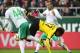 Dortmund's Gabonese striker Pierre-Emerick Aubameyang (C) takes a tumble past Bremen's midfielder Philipp Bargfrede (L) and Bremen's Spanish defender Alejandro Galvez (R) during the German first division Bundesliga football match Werder Bremen vs Borussia Dortmund in Bremen, northern Germany, on October 31, 2015.
AFP PHOTO / JOHN MACDOUGALL
RESTRICTIONS: DURING MATCH TIME: DFL RULES TO LIMIT THE ONLINE USAGE TO 15 PICTURES PER MATCH AND FORBID THE IMAGE SEQUENCES TO SIMULATE VIDEO.
== RESTRICTED TO EDITORIAL USE ==
FOR FURTHER QUERIES PLEASE CONTACT DFL DIRECTLY AT + 49 69 650050 (Photo credit should read JOHN MACDOUGALL/AFP/Getty Images)