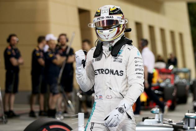 SAKHIR, BAHRAIN - APRIL 02: Lewis Hamilton of Great Britain and Mercedes GP celebrates his pole position in parc ferme during qualifying for the Bahrain Formula One Grand Prix at Bahrain International Circuit on April 2, 2016 in Sakhir, Bahrain.  (Photo by Lars Baron/Getty Images)