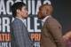 Manny Pacquiao, left, and Timothy Bradley pose for photographs during a news conference to promote an upcoming boxing match Thursday, Jan. 21, 2016, in New York. (AP Photo/Frank Franklin II)