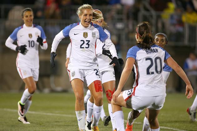 EAST HARTFORD, CT- APRIL 6: Christen Press #23 of the United States celebrates her goal against Colombia during an international friendly soccer match at the Pratt & Whitney Stadium on April 6, 2016 in East Hartford, Connecticut. (Photo by Jim Rogash/Getty Images)