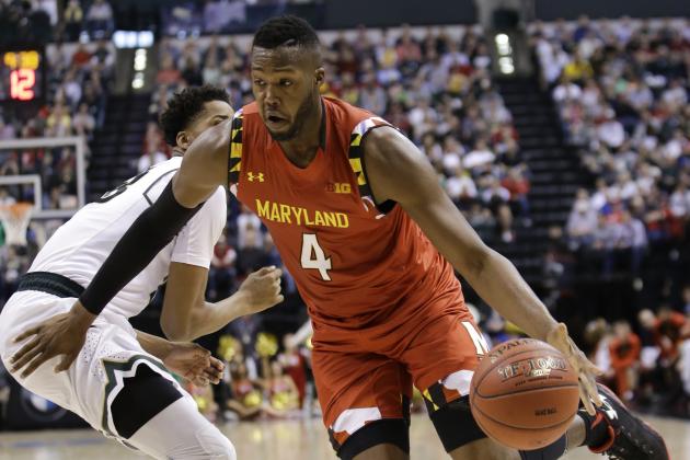 Maryland forward Robert Carter (4) drives past Michigan State forward Deyonta Davis (23) in the first half of an NCAA college basketball game during the semifinals of the Big Ten Conference tournament in Indianapolis, Saturday, March 12, 2016. (AP Photo/AJ Mast)