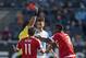 Mar 26, 2016; New York, NY, USA; New England Revolution midfielder Gershon Koffie (7) gets a red card and is ejected in the second half against New York City FC at Yankee Stadium. New England Revolution tie New York City FC 1-1. Mandatory Credit: William Hauser-USA TODAY Sports