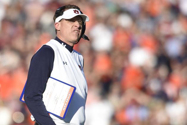Nov 28, 2015; Auburn, AL, USA; Auburn Tigers head coach Gus Malzahn looks on during the first quarter against the Alabama Crimson Tide at Jordan Hare Stadium. Mandatory Credit: Shanna Lockwood-USA TODAY Sports
