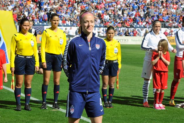 NASHVILLE, TENNESSEE - MARCH 06:  Becky Sauerbrunn #4 of USA is honored for playing in her 100th game for the USA prior to an international friendly match against France in the SheBelieves Cup at Nissan Stadium on March 6, 2016 in Nashville, Tennessee. Sauerbrunn is the 35th U.S. woman to reach the century mark in the history of the WNT program (Photo by Frederick Breedon/Getty Images)
