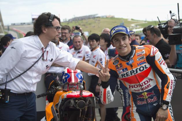AUSTIN, TEXAS - APRIL 09:  Marc Marquez of Spain and Repsol Honda Team celebrates the pole position at the end of the qualifying practice during the MotoGp Red Bull U.S. Grand Prix of The Americas - Qualifying at Circuit of The Americas on April 9, 2016 in Austin, Texas.  (Photo by Getty Images/Getty Images)