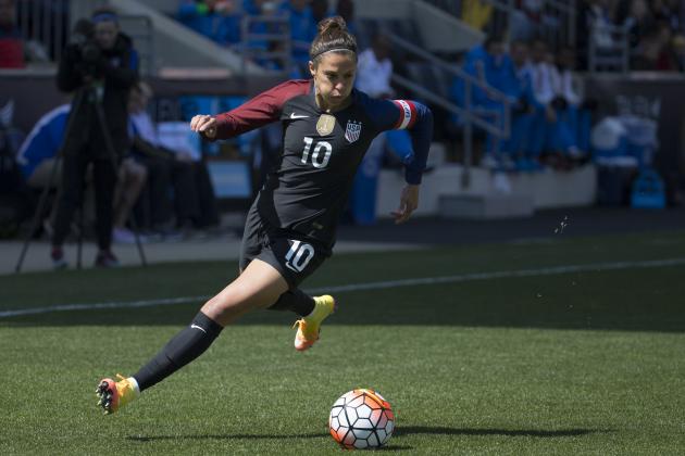 United States' Carli Lloyd (10) in action during the first half of an international friendly soccer match against Colombia, Sunday, April 10, 2016, in Chester, PA. The United States won 3-0. (AP Photo/Chris Szagola)