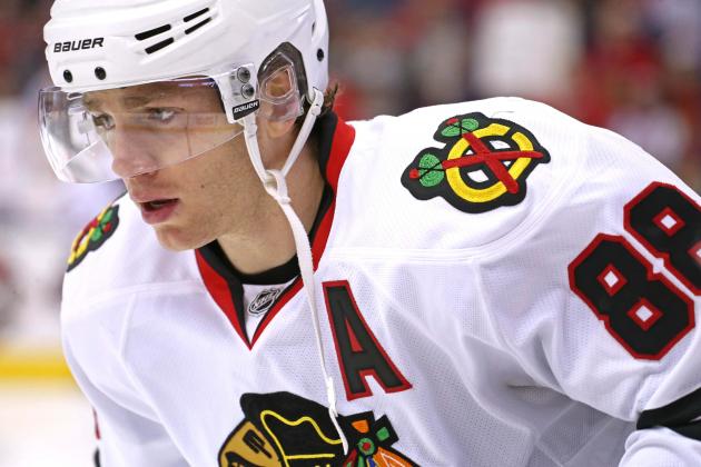 Apr 9, 2016; Columbus, OH, USA; Chicago Blackhawks right wing Patrick Kane (88) looks on during warmups prior to the game against the Columbus Blue Jackets at Nationwide Arena. Mandatory Credit: Aaron Doster-USA TODAY Sports