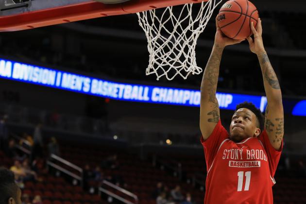 Stony Brook's Rayshaun McGrew dunks during practice for a first-round men's college basketball game in the NCAA Tournament in Des Moines, Iowa, Wednesday, March 16, 2016. Stony Brook will play Kentucky on Thursday. (AP Photo/Nati Harnik)