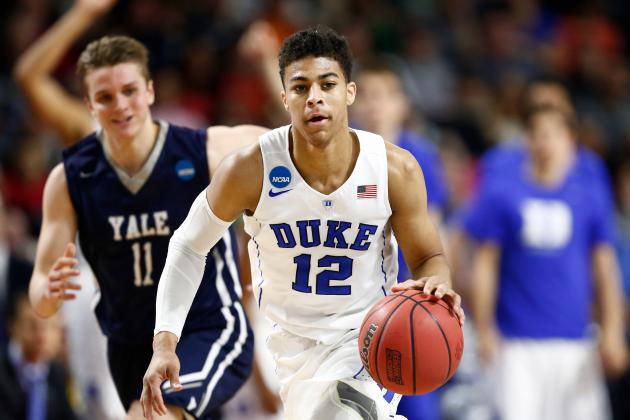 Mar 19, 2016; Providence, RI, USA; Duke Blue Devils guard Derryck Thornton (12) brings the ball up court against the Yale Bulldogs during the first half of a second round game of the 2016 NCAA Tournament at Dunkin Donuts Center. Mandatory Credit: Mark L. Baer-USA TODAY Sports