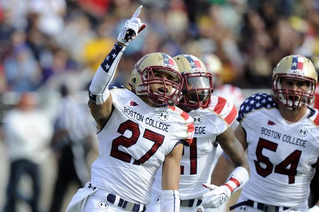 CHESTNUT HILL, MA - OCTOBER 27:  Justin Simmons #27 of the Boston College Eagles celebrates after making an interception against the Maryland Terrapins at Alumni Stadium on October 27, 2012 in Chestnut Hill, Massachusetts.  (Photo by G Fiume/Getty Images)