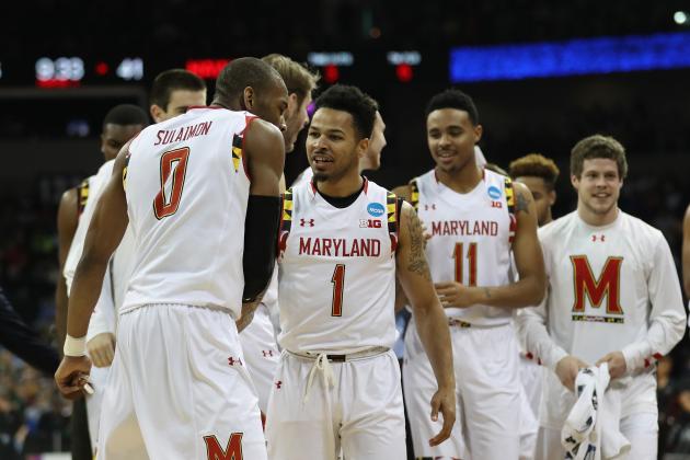 SPOKANE, WA - MARCH 20: Rasheed Sulaimon #0 and Jaylen Brantley #1 of the Maryland Terrapins celebrate in the second half against the Hawaii Warriors during the second round of the 2016 NCAA Men's Basketball Tournament at Spokane Veterans Memorial Arena on March 20, 2016 in Spokane, Washington.  (Photo by Ezra Shaw/Getty Images)