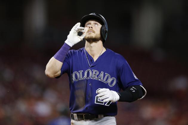 CINCINNATI, OH - APRIL 18: Trevor Story #27 of the Colorado Rockies reacts after hitting a solo home run against the Cincinnati Reds in the eighth inning of the game at Great American Ball Park on April 18, 2016 in Cincinnati, Ohio. The Rockies defeated the Reds 5-1. (Photo by Joe Robbins/Getty Images)