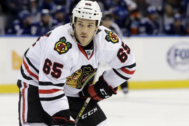 Chicago Blackhawks center Andrew Shaw (65) during the second period of an NHL hockey game against the Tampa Bay Lightning Thursday, Jan. 21, 2016, in Tampa, Fla. (AP Photo/Chris O'Meara)