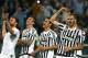 Juventus' defender Leonardo Bonucci (R) celebrates with teammates at the end of the Italian Serie A football match Juventus Vs Lazio on April 20, 2016 at the 'Juventus Stadium' in Turin. / AFP / MARCO BERTORELLO (Photo credit should read MARCO BERTORELLO/AFP/Getty Images)