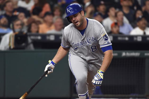 Kansas City Royals' Mike Moustakas reacts after flying out to end the third inning of a baseball game against the Houston Astros, Wednesday, April 13, 2016, in Houston. (AP Photo/Eric Christian Smith)