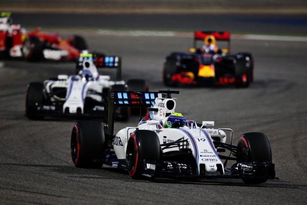 SAKHIR, BAHRAIN - APRIL 03: Felipe Massa of Brazil drives the (19) Williams Martini Racing Williams FW38 Mercedes PU106C Hybrid turbo on track ahead of Valtteri Bottas of Finland drives the (77) Williams Martini Racing Williams FW38 Mercedes PU106C Hybrid turbo during the Bahrain Formula One Grand Prix at Bahrain International Circuit on April 3, 2016 in Sakhir, Bahrain. (Photo by Lars Baron/Getty Images)