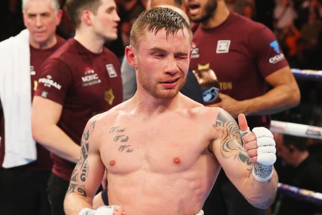 MANCHESTER, ENGLAND - FEBRUARY 27:  Carl Frampton gives a thumbs up after his World Super-Bantamweight title contest against Scott Quigg at Manchester Arena on February 27, 2016 in Manchester, England. Frampton's victory united the WBA and IBF titles.  (Photo by Alex Livesey/Getty Images)
