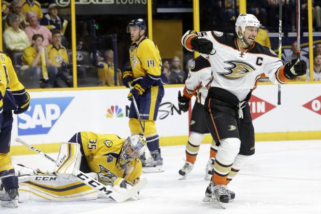 Anaheim Ducks center Ryan Getzlaf (15) celebrates after scoring a goal against Nashville Predators goalie Pekka Rinne (35), of Finland, in the first period of Game 4 in an NHL hockey first-round Stanley Cup playoff series Thursday, April 21, 2016, in Nashville, Tenn. (AP Photo/Mark Humphrey)