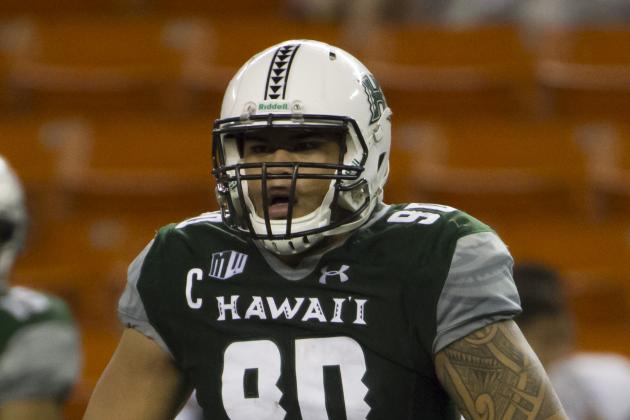 Hawaii defensive lineman Kennedy Tulimasealii (90) looks on between plays in the fourth quarter of an NCAA college football game, Saturday, Nov. 28, 2015, in Honolulu. Hawaii defeats Louisiana Monroe 28-26. (AP Photo/Eugene Tanner)