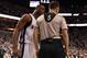 Apr 27, 2016; Miami, FL, USA; Miami Heat guard Dwyane Wade (left) yells at referee Kane Fitzgerald (right) during the second half in game five of the first round of the NBA Playoffs against the Charlotte Hornets at American Airlines Arena. Mandatory Credit: Steve Mitchell-USA TODAY Sports