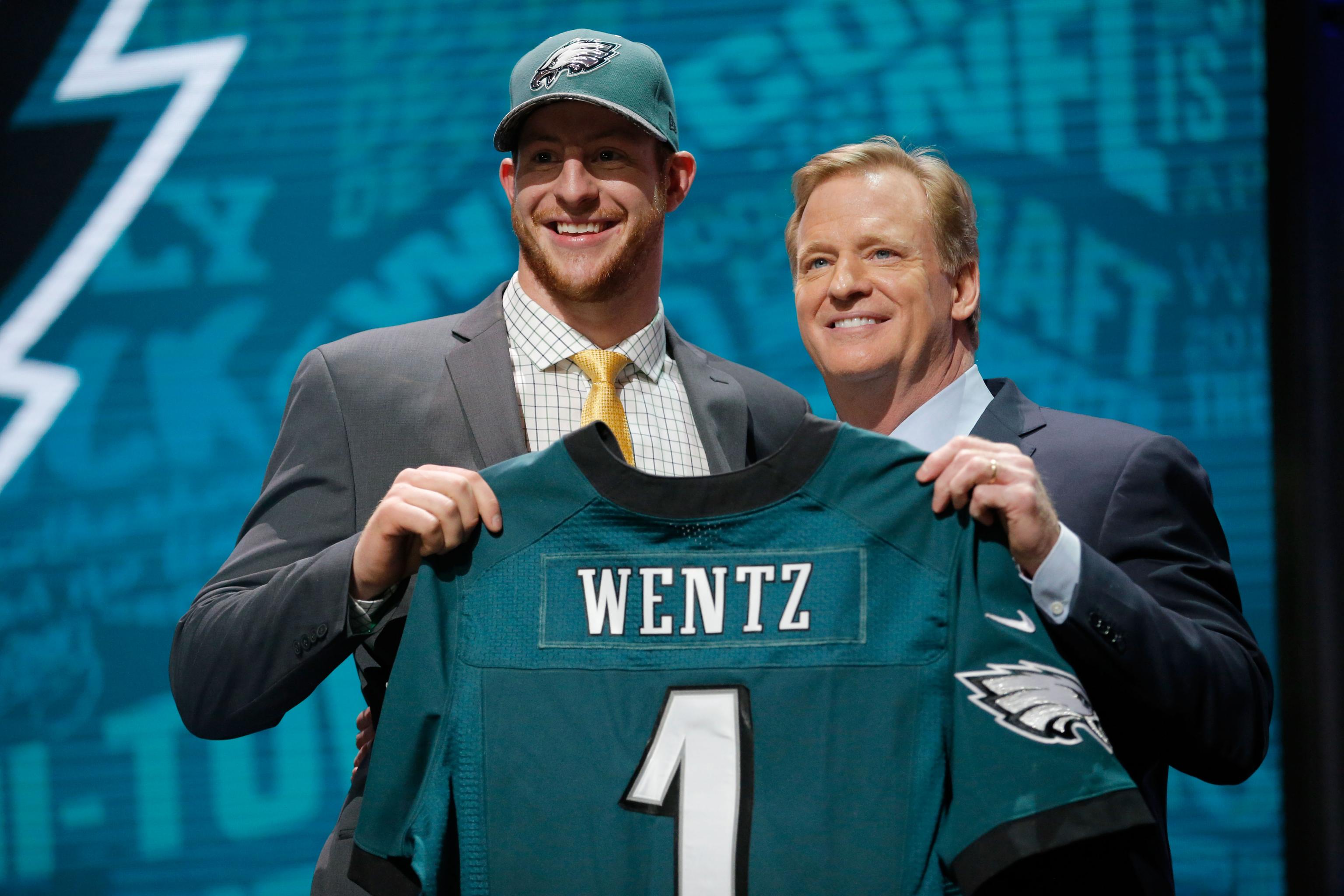 North Dakota State quarterback Carson Wentz holds his jersey after being  selected by the Philadelphia Eagles with the second overall pick in the  2016 NFL Draft on April 28, 2016 in Chicago.