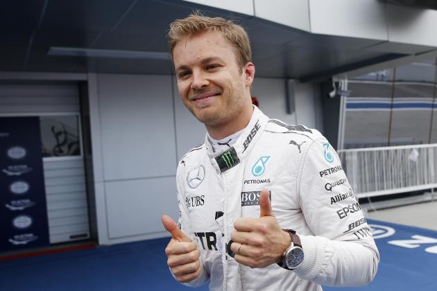 Mercedes driver Nico Rosberg, of Germany, celebrates after setting the pole position during the qualifying session for Sunday's Formula One Russian Grand Prix at the Sochi Autodrom racetrack, in Sochi, Russia, Saturday, April 30, 2016. (AP Photo/Pavel Golovkin)
