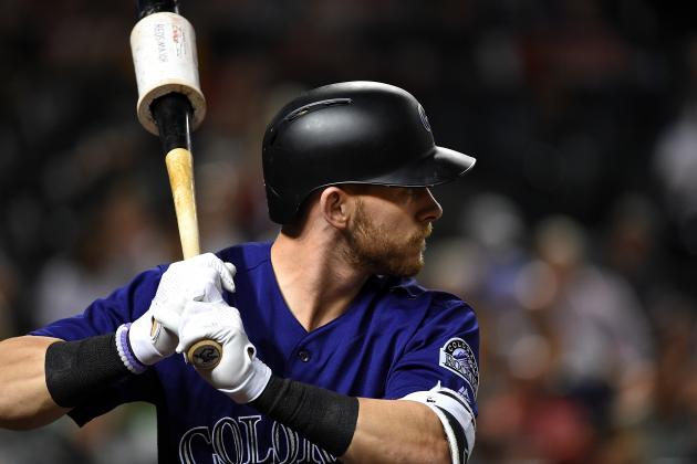 PHOENIX, AZ - APRIL 29:  Trevor Story #27 of the Colorado Rockies prepares to step into the batters box against the Arizona Diamondbacks on April 29, 2016 in Phoenix, Arizona.  (Photo by Norm Hall/Getty Images)