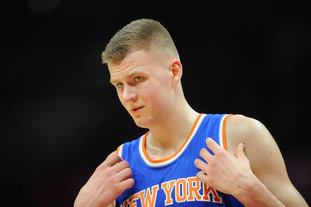 March 11, 2016; Los Angeles, CA, USA; New York Knicks forward Kristaps Porzingis (6) during a stoppage in play against Los Angeles Clippers during the second half at Staples Center. Mandatory Credit: Gary A. Vasquez-USA TODAY Sports
