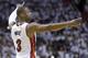 Miami Heat guard Dwyane Wade (3) gives instructions to teammates during Game 7 of a first-round NBA basketball playoff series against the Charlotte Hornets, Sunday, May 1, 2016, in Miami. (AP Photo/Alan Diaz)