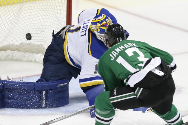Dallas Stars center Mattias Janmark (13) scores a goal against St. Louis Blues goalie Brian Elliott (1) during the third period of Game 2 of the NHL hockey Stanley Cup Western Conference semifinals, Sunday, May 1, 2016, in Dallas. (AP Photo/LM Otero)
