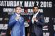 Amir Khan, right, and Canelo Alvarez pose for photographers during a news conference at the MGM Grand, Wednesday, May 4, 2016, in Las Vegas. The two are scheduled to fight in a middleweight title bout Saturday in Las Vegas. (AP Photo/John Locher)