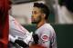 Cincinnati Reds' Billy Hamilton waits in the dugout to hit in the ninth inning of a baseball game against the Pittsburgh Pirates in Pittsburgh, Saturday, April 30, 2016. The Pirates won 5-1. (AP Photo/Gene J. Puskar)