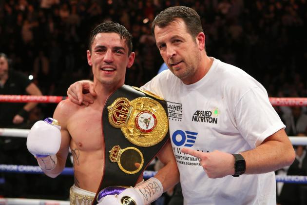MANCHESTER, ENGLAND - NOVEMBER 21: Anthony Crolla and trainer Joe Gallagher after beating Darleys Perez during their WBA World Lightweight Championship bout at the Manchester Arena on November 21, 2015 in Manchester, England. (Photo by Dave Thompson/Getty Images)