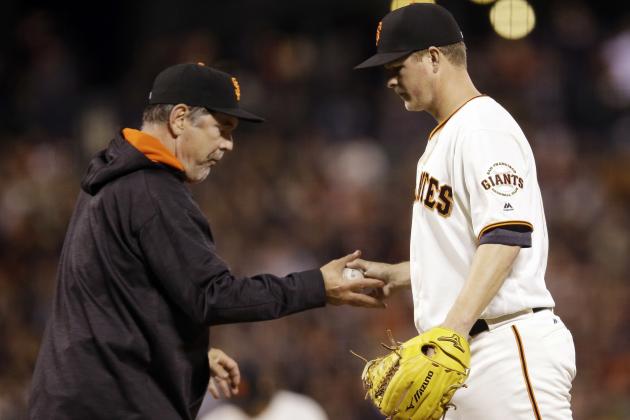 San Francisco Giants starting pitcher Matt Cain, right, is pulled from the game by manager Bruce Bochy during the fifth inning of a baseball game against the Colorado Rockies Thursday, May 5, 2016, in San Francisco. (AP Photo/Marcio Jose Sanchez)
