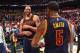 ATLANTA,GA - MAY 6 : Channing Frye #9 and J.R. Smith #5 of the Cleveland Cavaliers are pumped up after the win against the Atlanta Hawks during the Eastern Conference Semifinals Game Three on May 6, 2016 at The Philips Arena in Atlanta Georgia NOTE TO USER: User expressly acknowledges and agrees that, by downloading and/or using this Photograph, user is consenting to the terms and conditions of the Getty Images License Agreement. Mandatory Copyright Notice: Copyright 2016 NBAE (Photo by Jesse D. Garrabrant/NBAE via Getty Images)