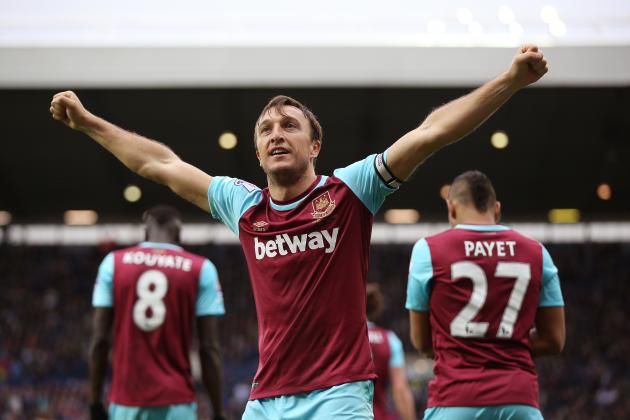 WEST BROMWICH, ENGLAND - APRIL 30: Mark Noble of West Ham United celebrates scoring his team's third goal during the Barclays Premier League match between West Bromwich Albion and West Ham United at The Hawthorns on April 30, 2016 in West Bromwich, England. (Photo by Ian Walton/Getty Images)