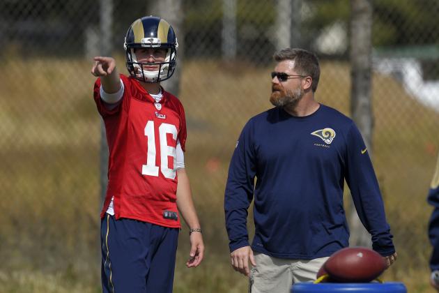 Los Angeles Rams quarterback Jared Goff, left, talks with offensive coordinator Rob Boras during Rams rookie minicamp, Friday, May 6, 2016, in Oxnard, Calif. (AP Photo/Mark J. Terrill)