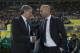 LAS PALMAS, SPAIN - MARCH 13: Headcoach Zinedine Zidane (R) of Real Madrid CF shakes hands with Quique Setien (L) of UD Las Palmas during the La Liga match between UD Las Palmas and Real Madrid CF at Estadio de Gran Canaria on March 13, 2016 in Las Palmas, Spain. (Photo by Gonzalo Arroyo Moreno/Getty Images)
