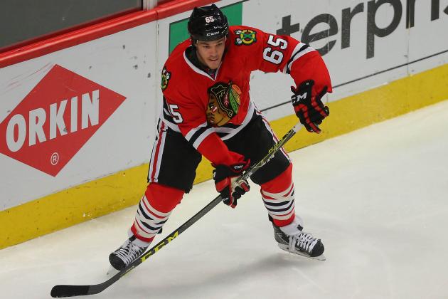 Apr 23, 2016; Chicago, IL, USA; Chicago Blackhawks center Andrew Shaw (65) with the puck during the third period in game six of the first round of the 2016 Stanley Cup Playoffs against the St. Louis Blues at the United Center. Chicago won 6-3. Mandatory Credit: Dennis Wierzbicki-USA TODAY Sports