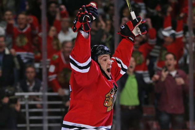 CHICAGO, IL - APRIL 19:  Andrew Shaw #65 of the Chicago Blackhawks celebrates his second period goal against the St. Louis Blues in Game Four of the Western Conference First Round during the 2016 NHL Stanley Cup Playoffs at the United Center on April 19, 2016 in Chicago, Illinois.  (Photo by Jonathan Daniel/Getty Images)