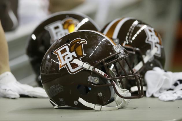 Bowling Green helmets are seen in the bench area during the second half of the Mid-American Conference championship NCAA college football game against Northern Illinois, Friday, Dec. 4, 2015, in Detroit. (AP Photo/Carlos Osorio)