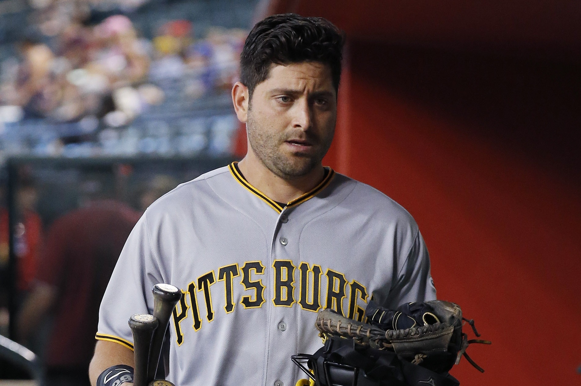Francisco Cervelli of the Pittsburgh Pirates plays first base during