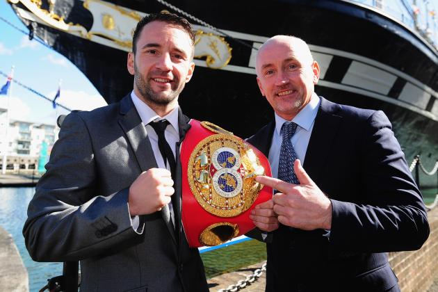 BRISTOL, ENGLAND - MARCH 31: Lee Haskins poses for a portrait alongside Barry McGuigan(R) during a Press Conference at the Great Eastern Hall on March 31, 2016 in Bristol, England. (Photo by Harry Trump/Getty Images)