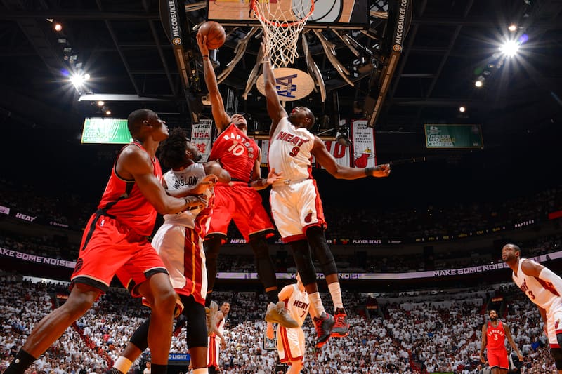 MIAMI,FL - MAY 13 : DeMar DeRozan #10 of the Toronto Raptors goes up for the layup against the Miami Heat during the Eastern Conference playoffs Semifinals Game Six on May 13, 2016 at the American Airlines Arena in Miami, Florida. NOTE TO USER: User expressly acknowledges and agrees that, by downloading and/or using this Photograph, user is consenting to the terms and conditions of the Getty Images License Agreement. Mandatory Copyright Notice: Copyright 2016 NBAE (Photo by Jesse D. Garrabrant/NBAE via Getty Images)