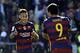 Barcelona's Uruguayan forward Luis Suarez (R) celebrates with Barcelona's Brazilian forward Neymar after scoring during the Spanish league football match Granada CF vs FC Barcelona at Nuevo Los Carmenes stadium in Granada on May 14, 2016.
Barcelona sealed their 24th La Liga title as Luis Suarez took his tally for the season to 59 goals with a hat-trick in a 3-0 win at Granada to hold off Real Madrid's late-season surge. / AFP / CRISTINA QUICLER (Photo credit should read CRISTINA QUICLER/AFP/Getty Images)