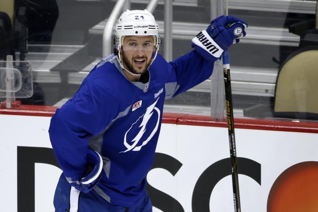 Tampa Bay Lightning's Ryan Callahan takes a break during hockey practice at the Consol Energy Center in Pittsburgh, Sunday May 15, 2016. The Lightning are preparing for Game 2 of the Eastern Conference Finals against the Pittsburgh Penguins on Monday, May 16, in Pittsburgh. (AP Photo/Gene J. Puskar)